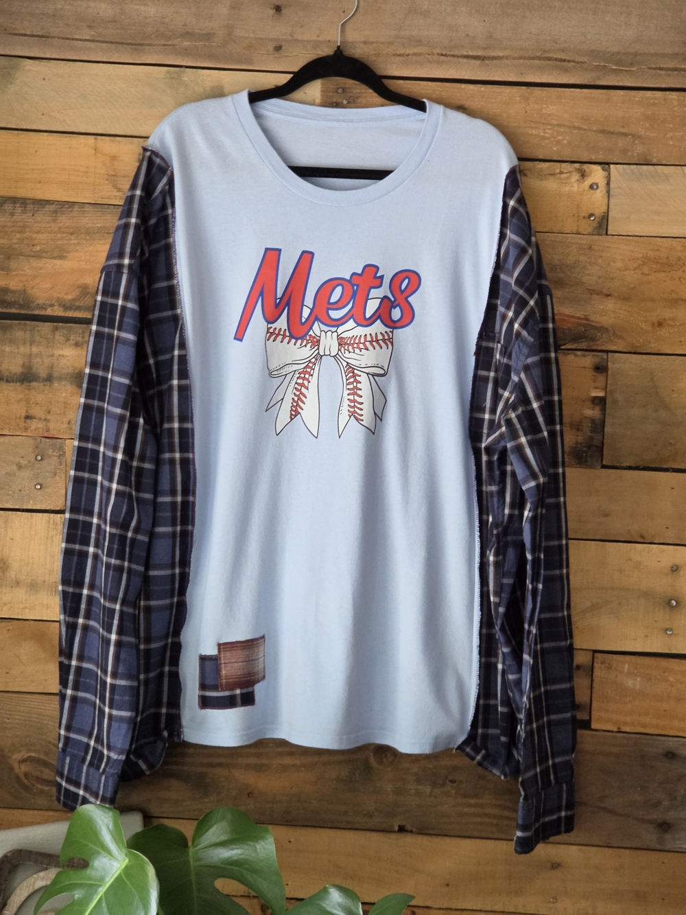 Upcycled Graphic Mets Light Blue T-shirt   & Navy Plaid Long-Sleeve - Picture 3 of 8